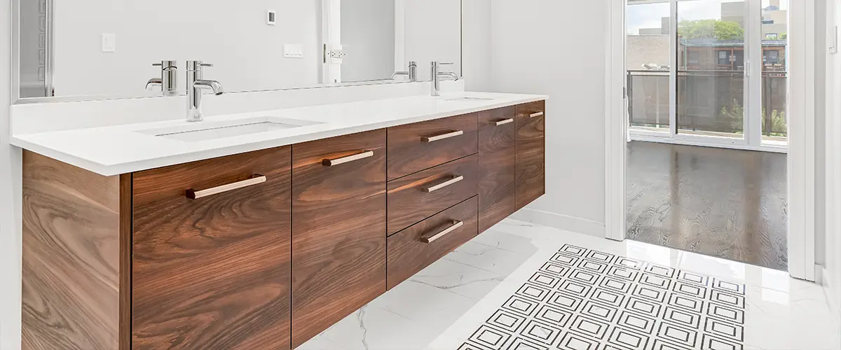 Double wood vanity with white countertop