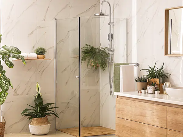 Glass walk-in shower with plants and a wood vanity