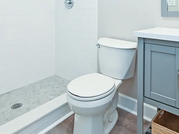 A simple toilet near a blue vanity