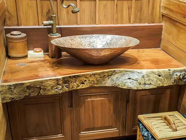 A w\hardwood countertop in a guest bathroom