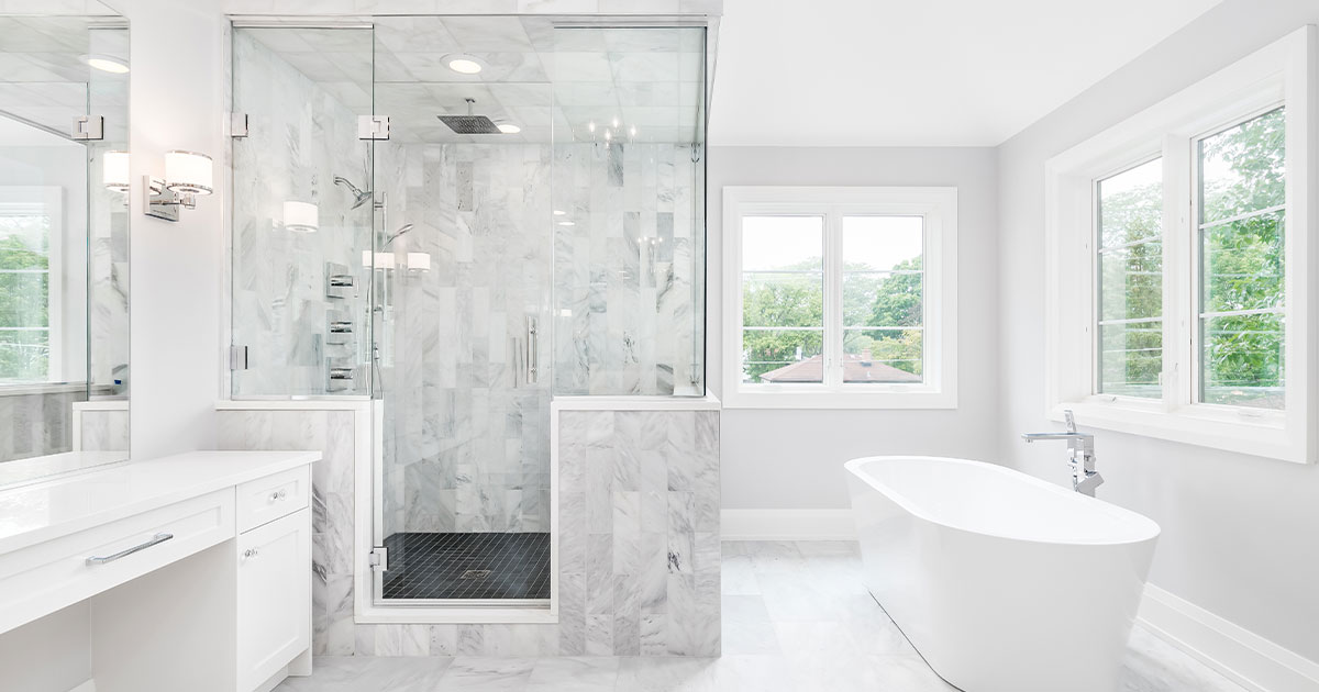 A modern and beautiful shower with a freestanding tub