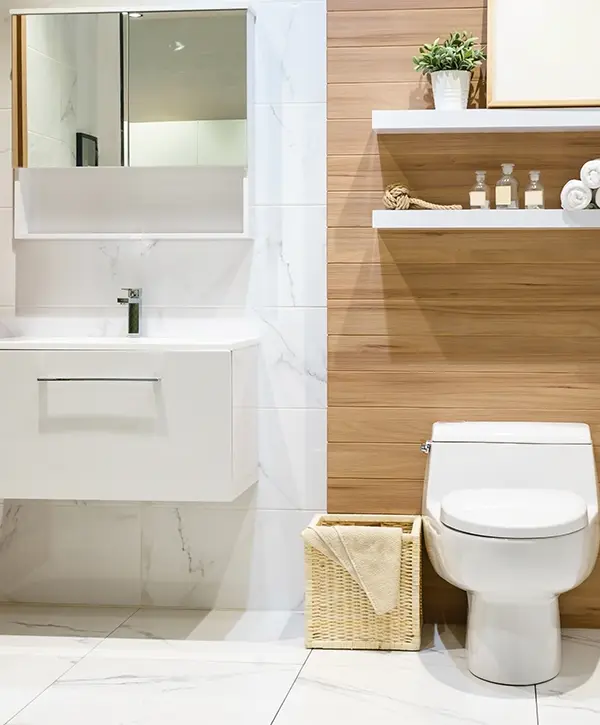 A toilet and a simple vanity in a half bath