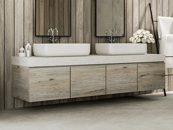 A modern, double wood vanity with a beautiful gray texture