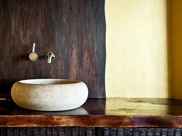 Wood countertop with ceramic vessel sink