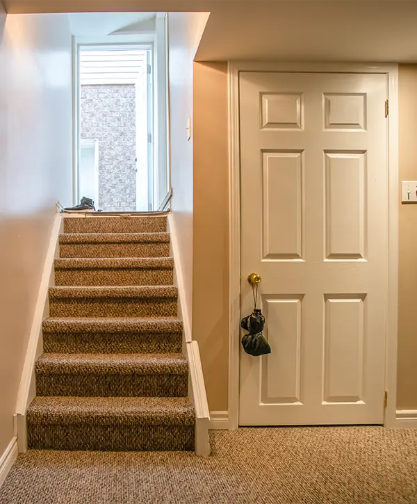 A set of stairs in a basement with carpet flooring