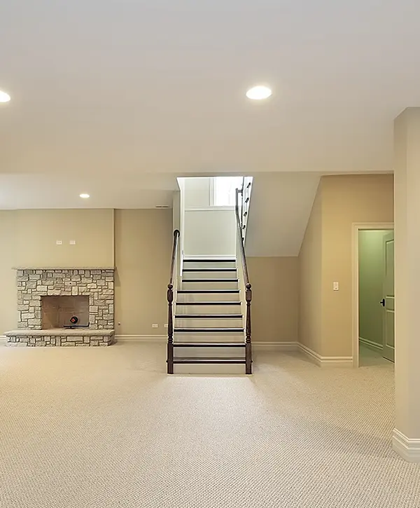 A basement with a set of stairs and a fireplace