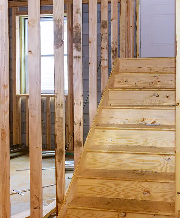 A set of wooden stairs in a basement remodeling in Kendallville
